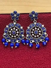 Attractive Blue Color Oxidized Stone And Beaded Work Earrings