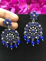 Attractive Blue Color Oxidized Stone And Beaded Work Earrings