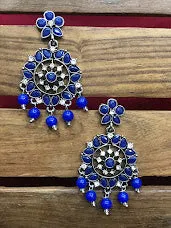 Attractive Blue Color Oxidized Stone And Beaded Work Earrings