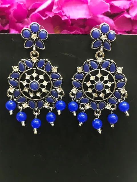 Attractive Blue Color Oxidized Stone And Beaded Work Earrings