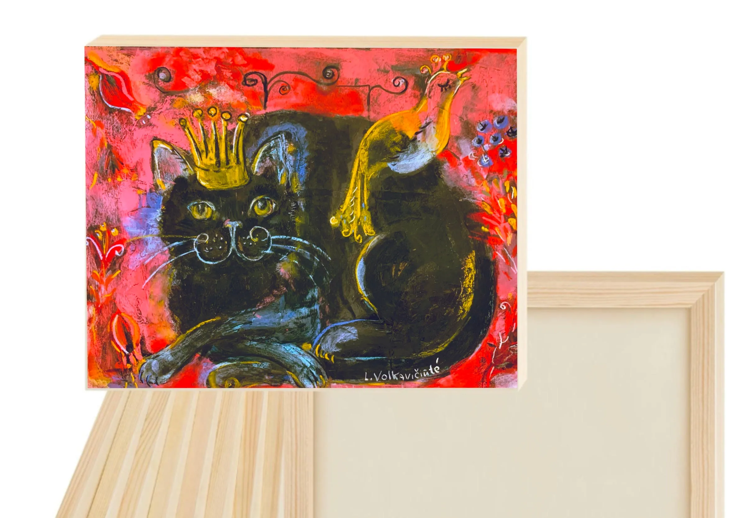 Black cat with bird print on board, Regal Feline, Whimsical Cat, Red Royalty, Folksy Crown Cat