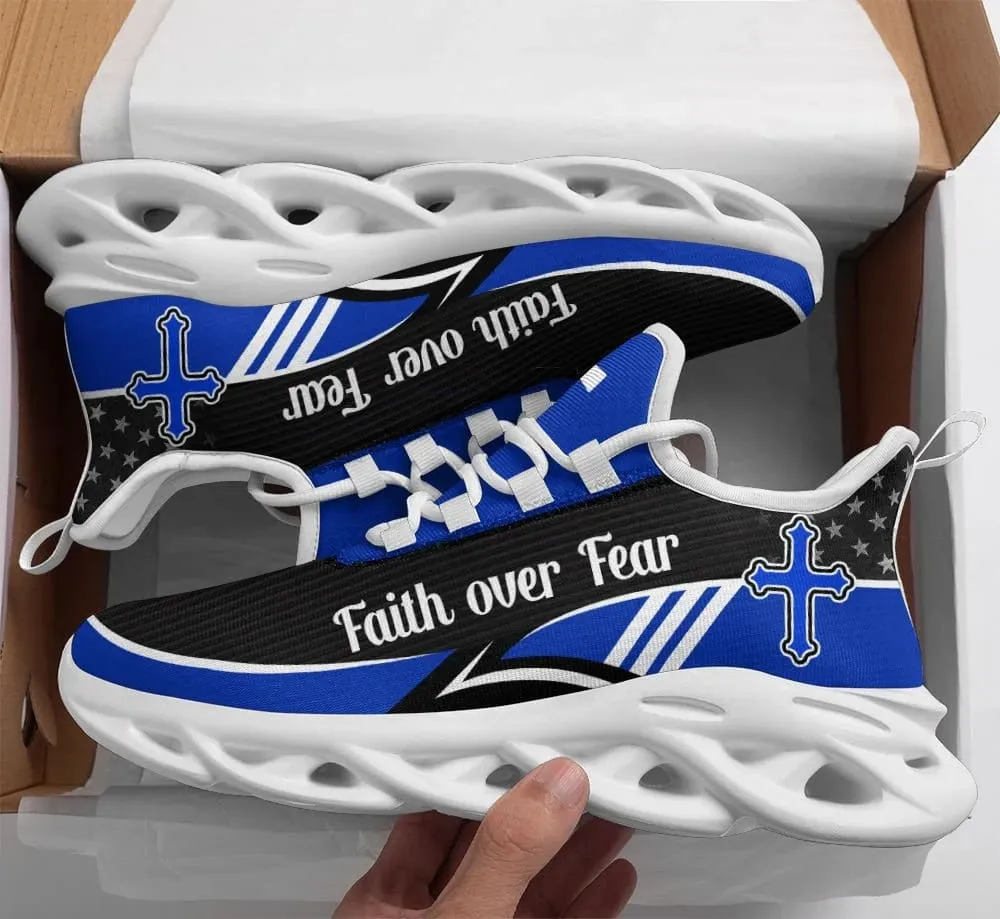 Blue Jesus Faith Over Fear Running Sneakers Max Soul Shoes - Christian Shoes For Men And Women