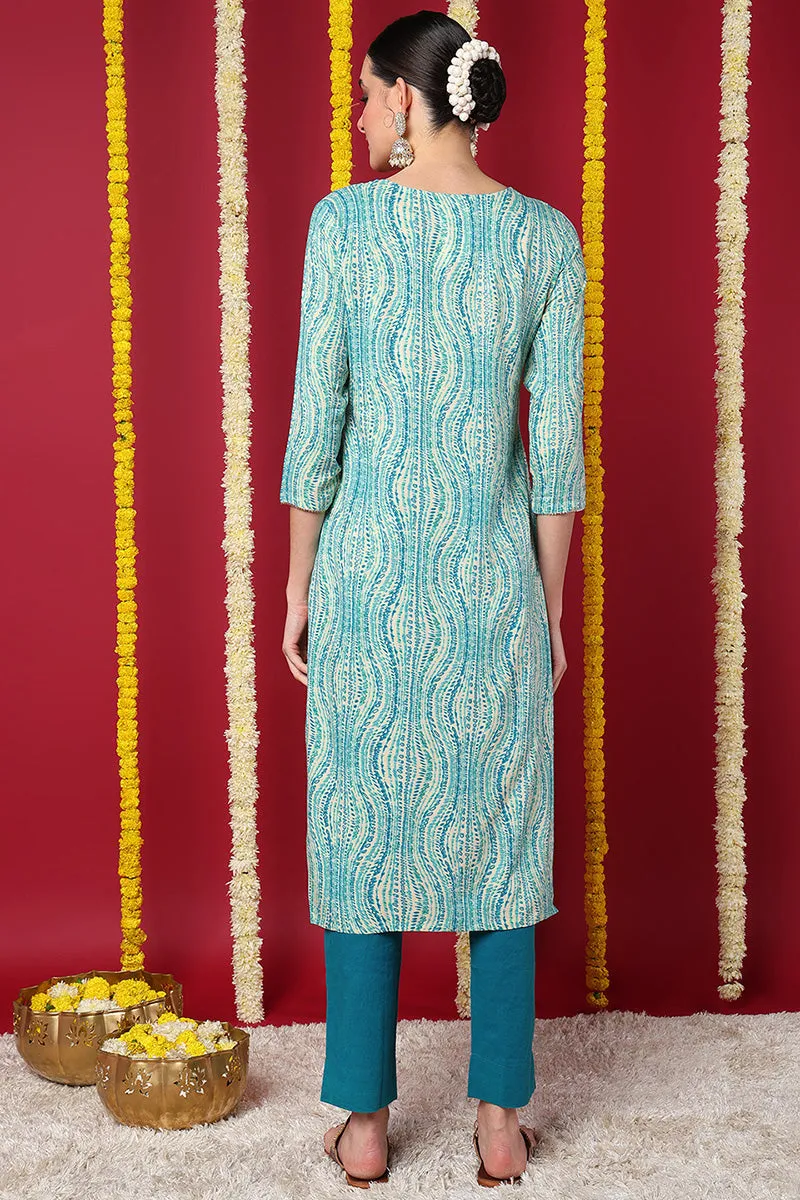 Blue Viscose Rayon Abstract Printed Straight Kurta