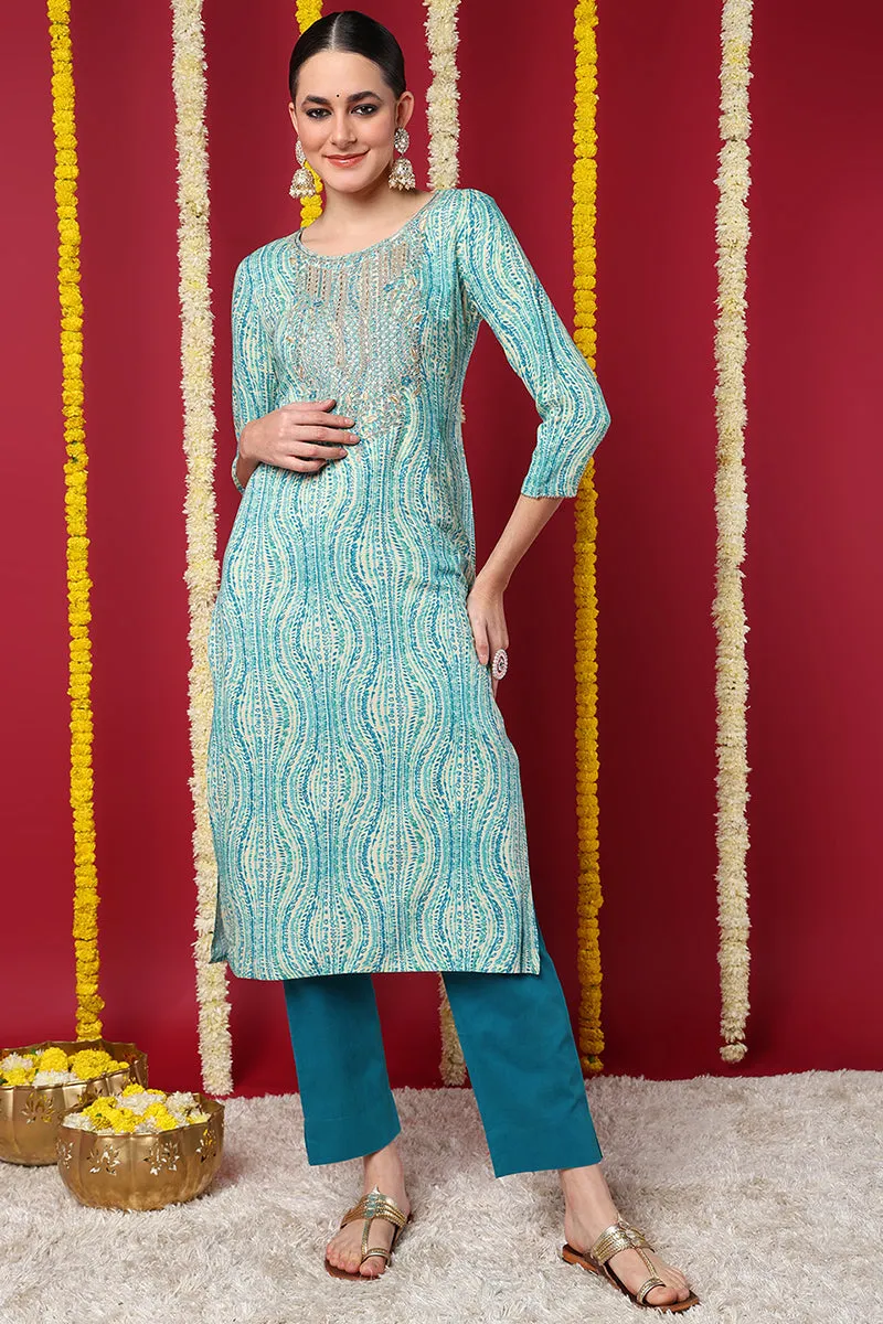 Blue Viscose Rayon Abstract Printed Straight Kurta