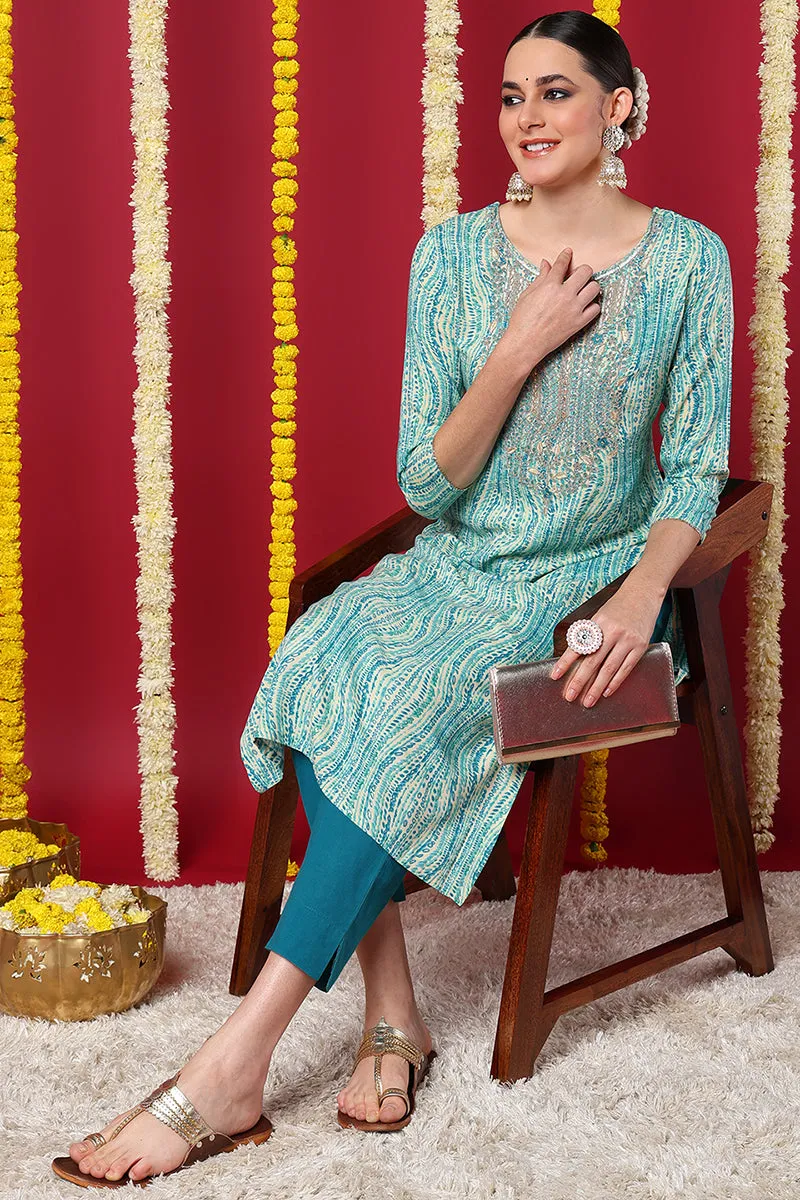 Blue Viscose Rayon Abstract Printed Straight Kurta