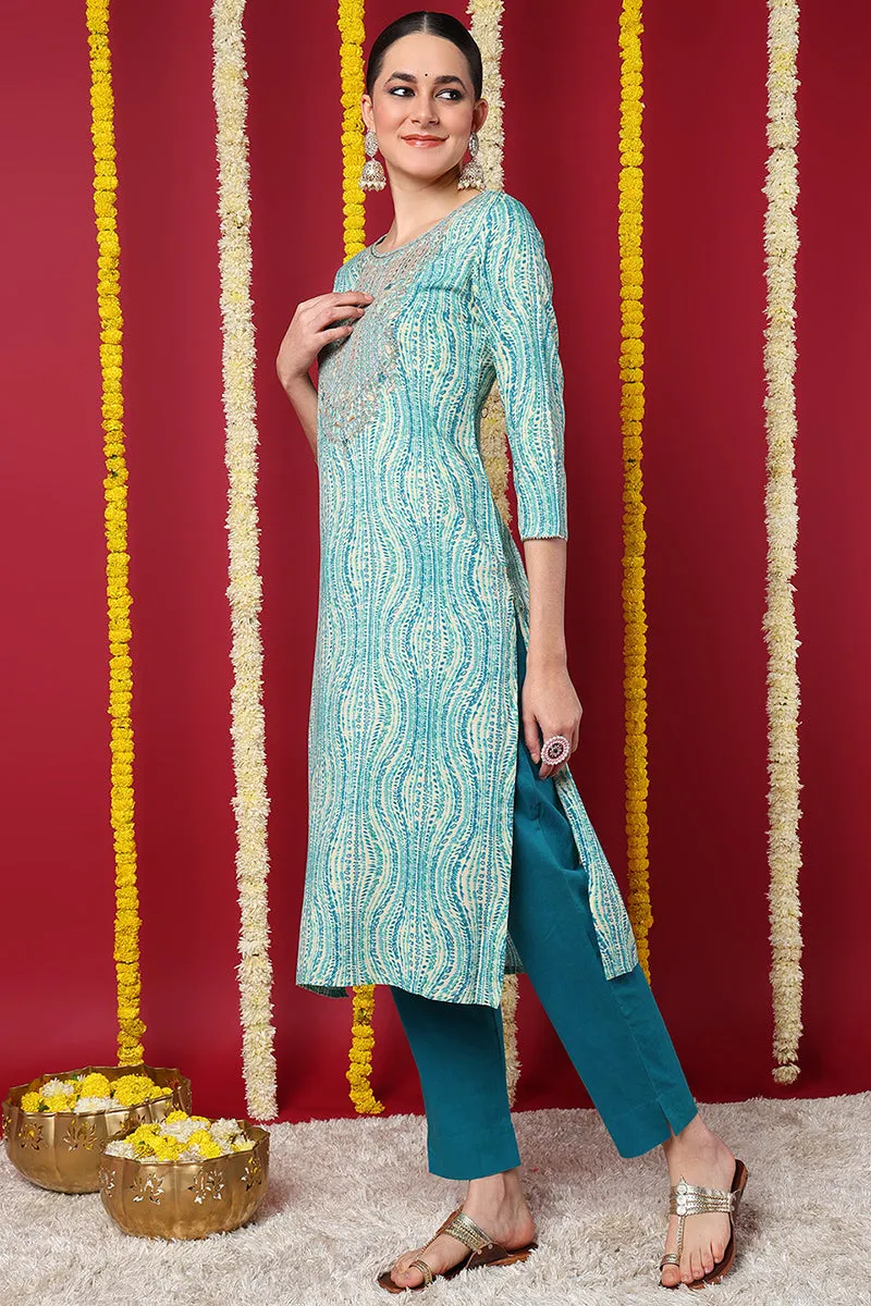 Blue Viscose Rayon Abstract Printed Straight Kurta