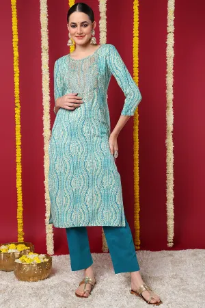 Blue Viscose Rayon Abstract Printed Straight Kurta