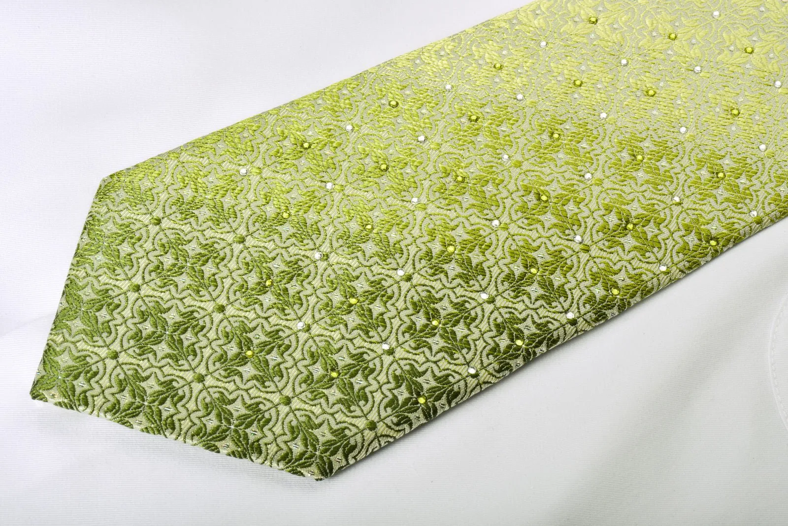 Chemeric Rhinestone Silk Necktie Damask On Lime Green With Silver Sparkles