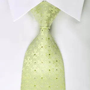 Chemeric Rhinestone Silk Necktie Damask On Lime Green With Silver Sparkles