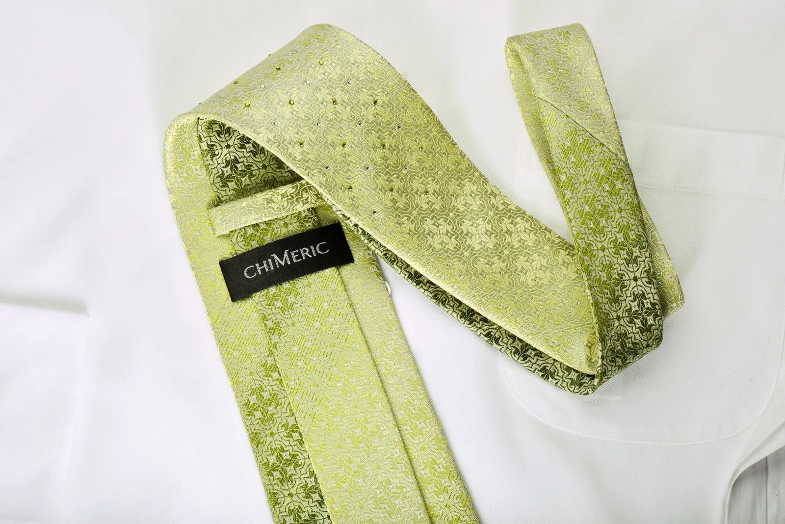 Chemeric Rhinestone Silk Necktie Damask On Lime Green With Silver Sparkles