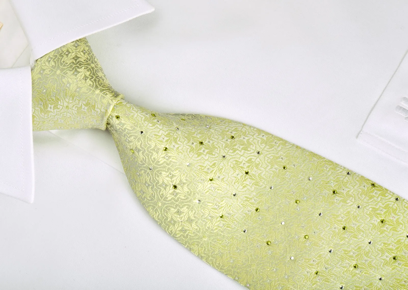 Chemeric Rhinestone Silk Necktie Damask On Lime Green With Silver Sparkles