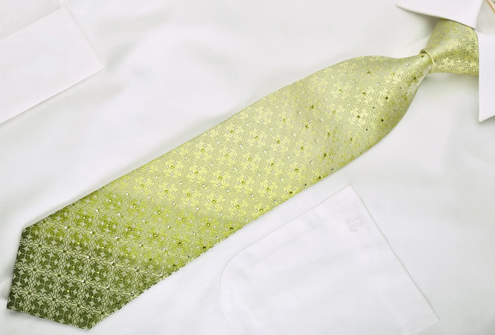 Chemeric Rhinestone Silk Necktie Damask On Lime Green With Silver Sparkles
