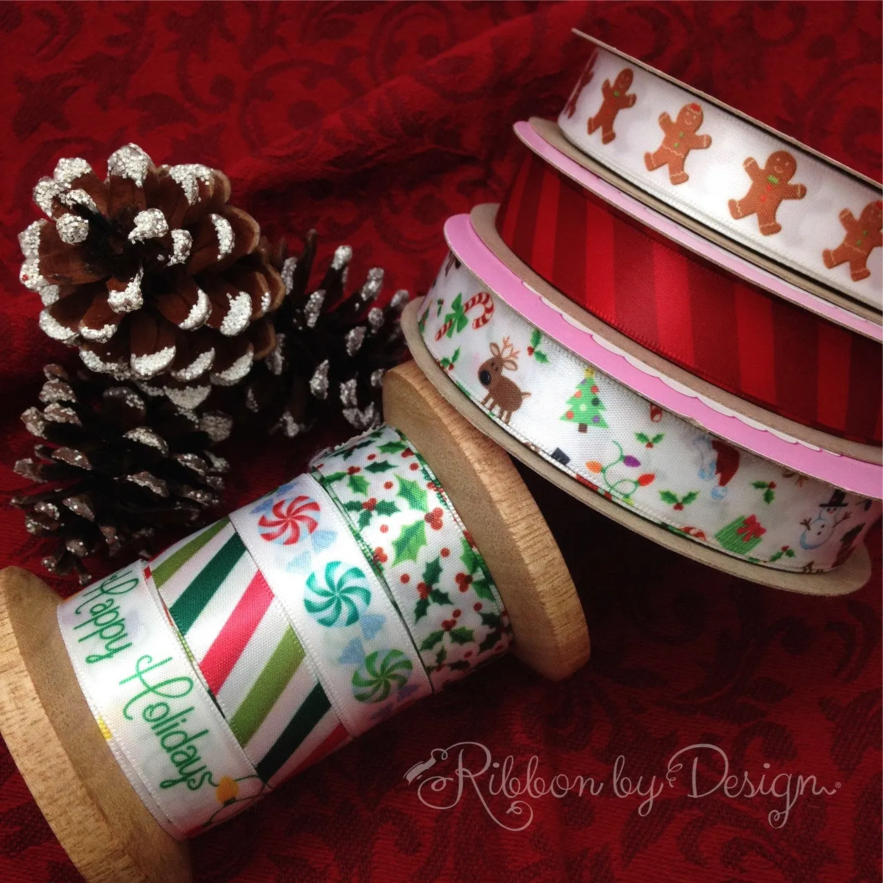 Christmas Ribbon Candy Cane Stripes Red and Green on 5/8" White Single Face Satin ribbon