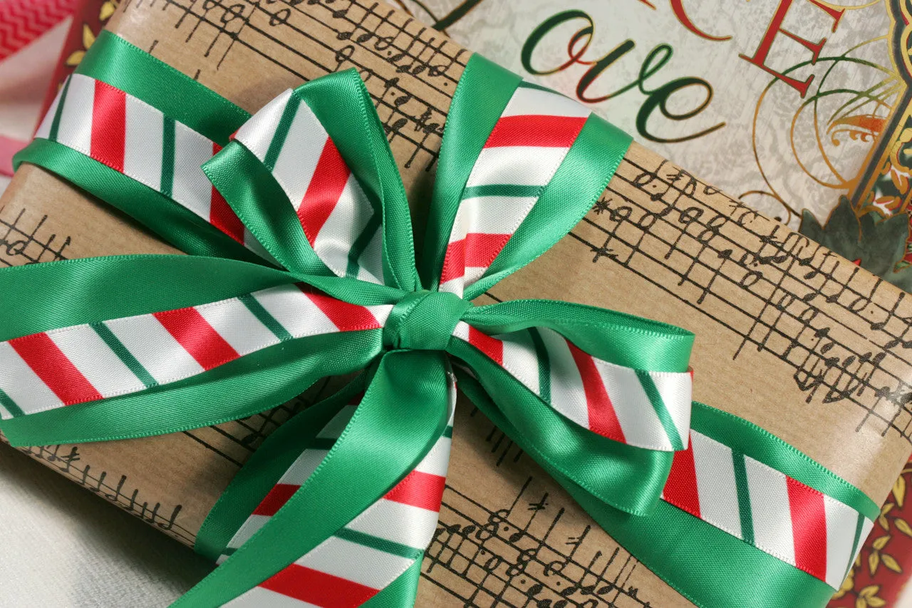 Christmas Ribbon Candy Cane Stripes Red and Green on 5/8" White Single Face Satin ribbon