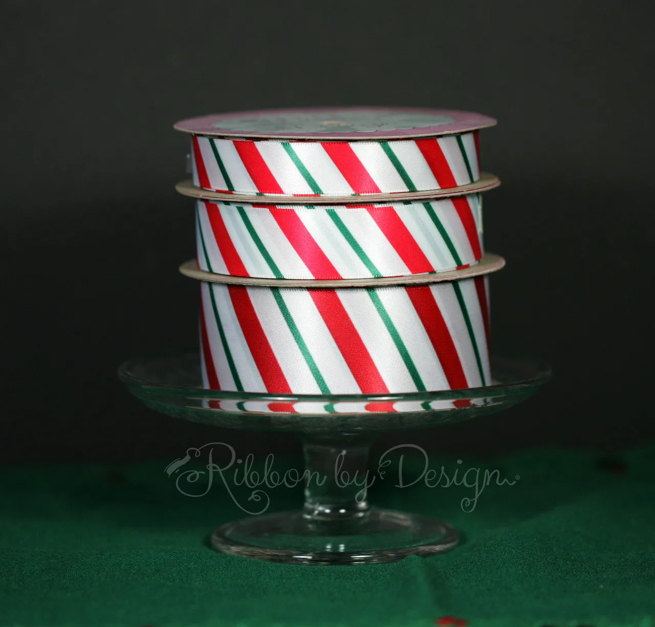 Christmas Ribbon Candy Cane Stripes Red and Green on 5/8" White Single Face Satin ribbon