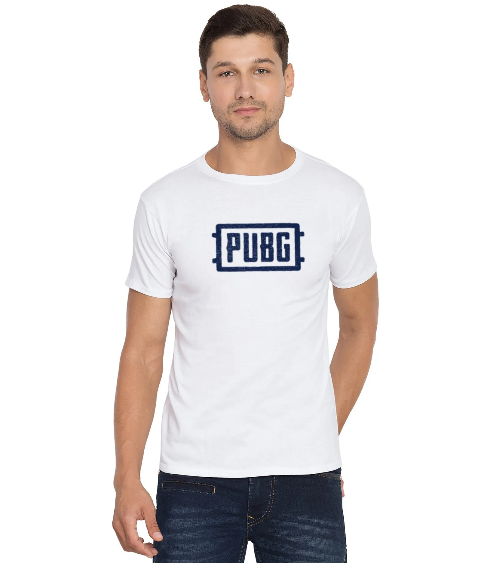 Cliths Printed Pubg Tshirts For Men/ Round Neck Casual Tshirt For Mens-White And Blue
