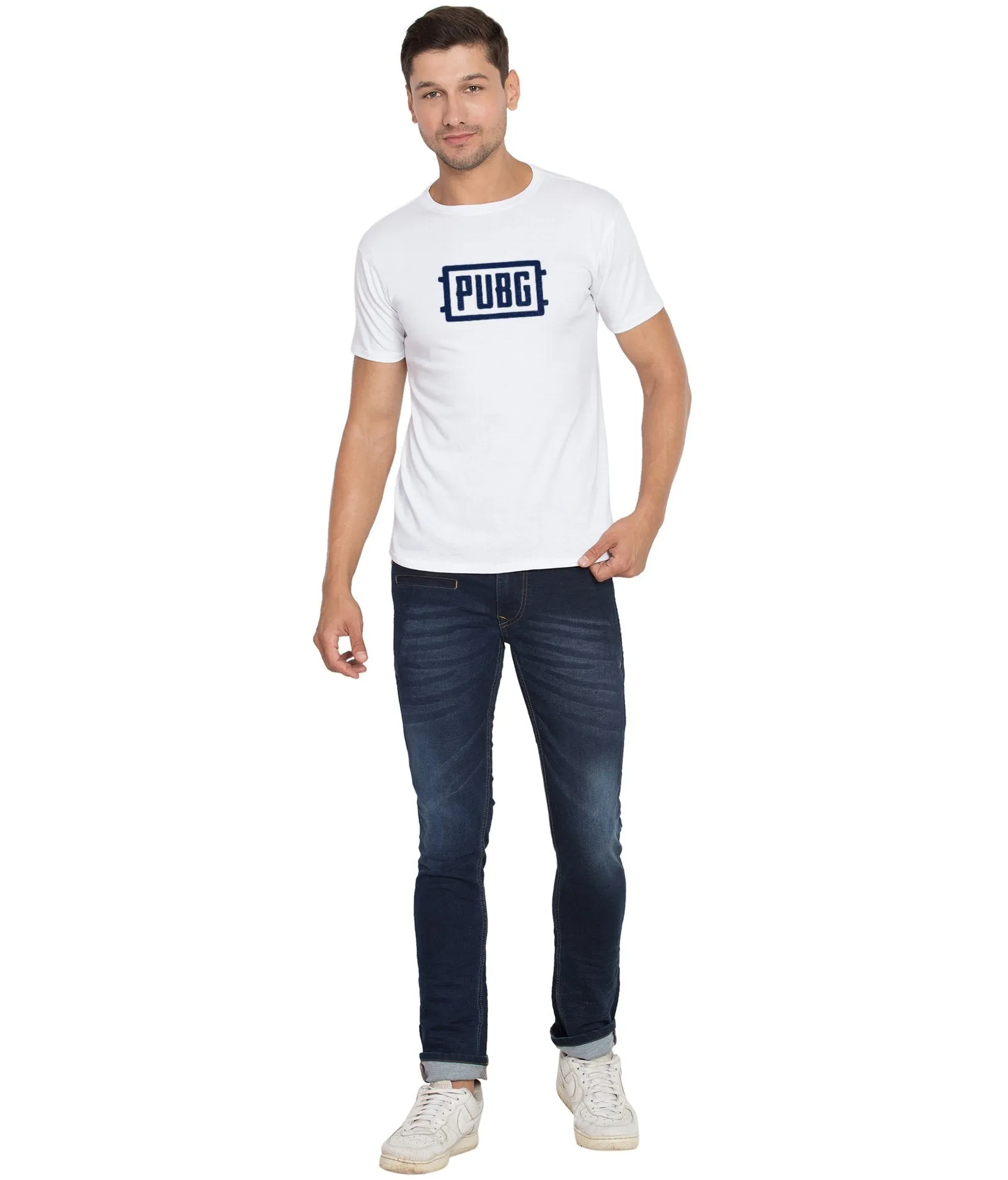 Cliths Printed Pubg Tshirts For Men/ Round Neck Casual Tshirt For Mens-White And Blue