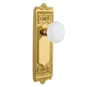 Egg & Dart Long Plate with White Porcelain Knob in Polished Brass
