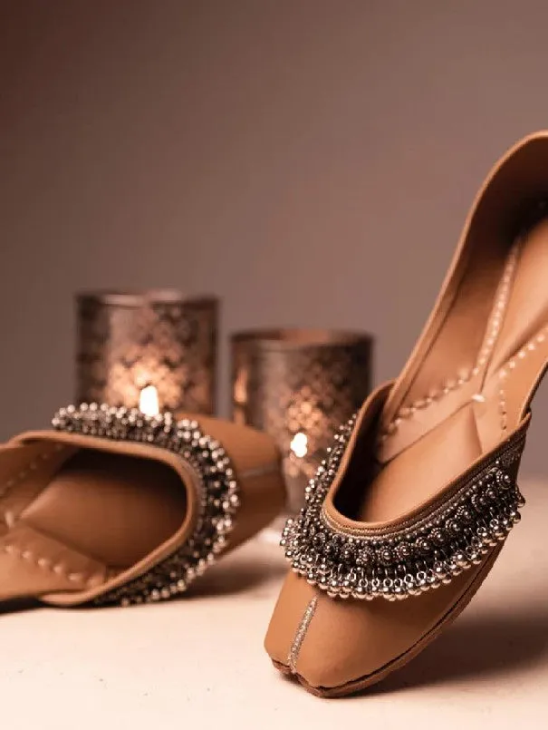Ghugroo Blast - Tan Embellished Leatherette Juttis