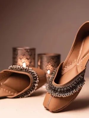Ghugroo Blast - Tan Embellished Leatherette Juttis