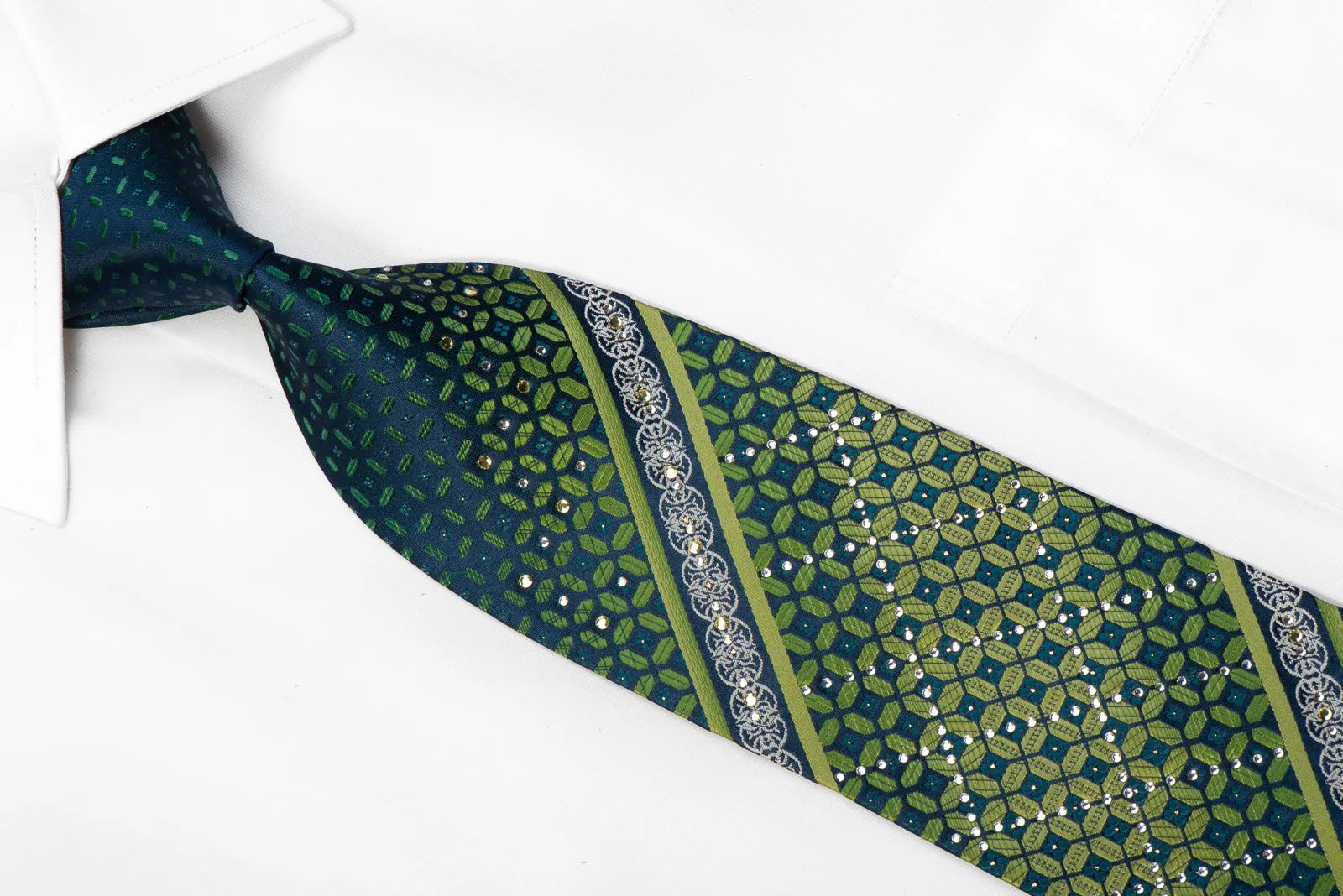 Grand Jour Rhinestone Silk Necktie Green Geometric On Blue With Sparkles