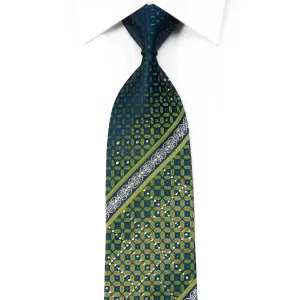 Grand Jour Rhinestone Silk Necktie Green Geometric On Blue With Sparkles
