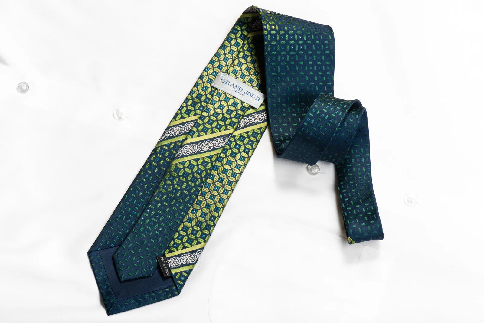 Grand Jour Rhinestone Silk Necktie Green Geometric On Blue With Sparkles