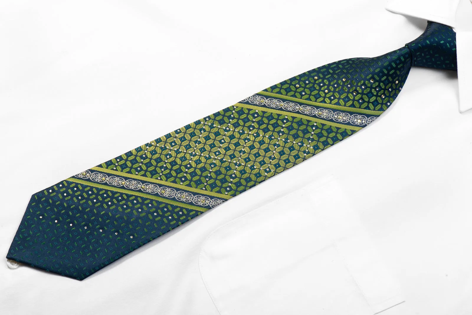 Grand Jour Rhinestone Silk Necktie Green Geometric On Blue With Sparkles
