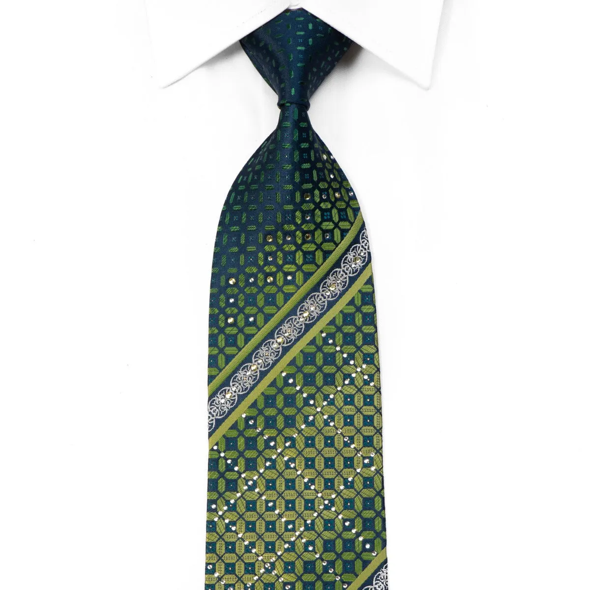 Grand Jour Rhinestone Silk Necktie Green Geometric On Blue With Sparkles