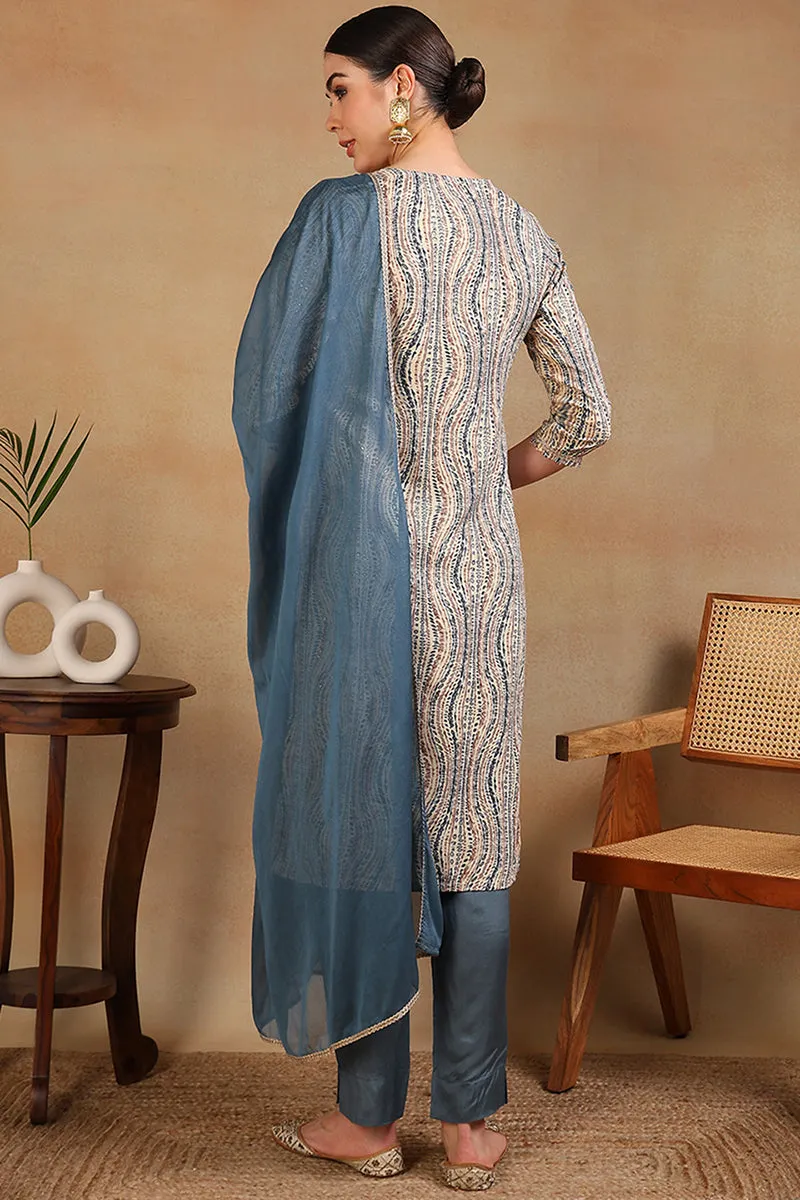 Grey Rayon Abstract Printed Embroidered Straight Suit Set