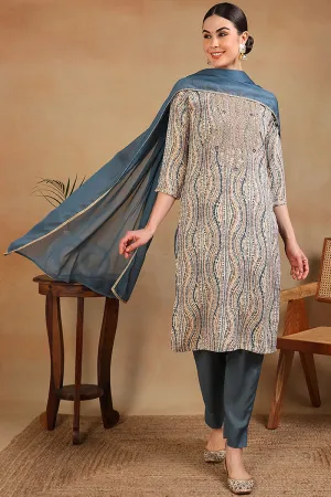 Grey Rayon Abstract Printed Embroidered Straight Suit Set