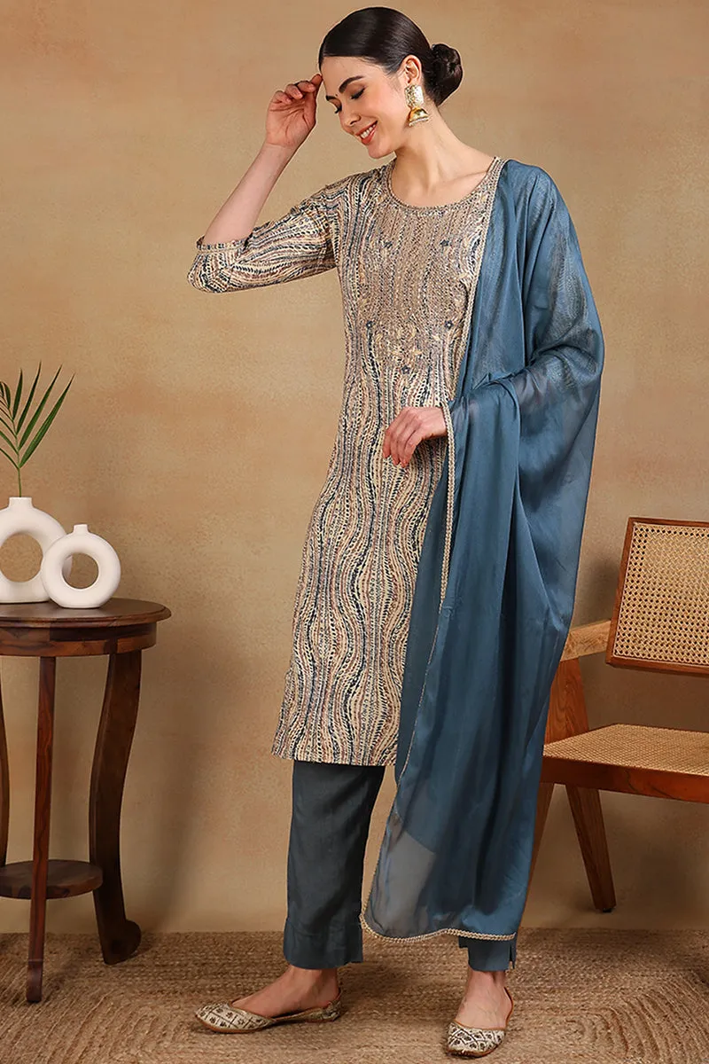 Grey Rayon Abstract Printed Embroidered Straight Suit Set