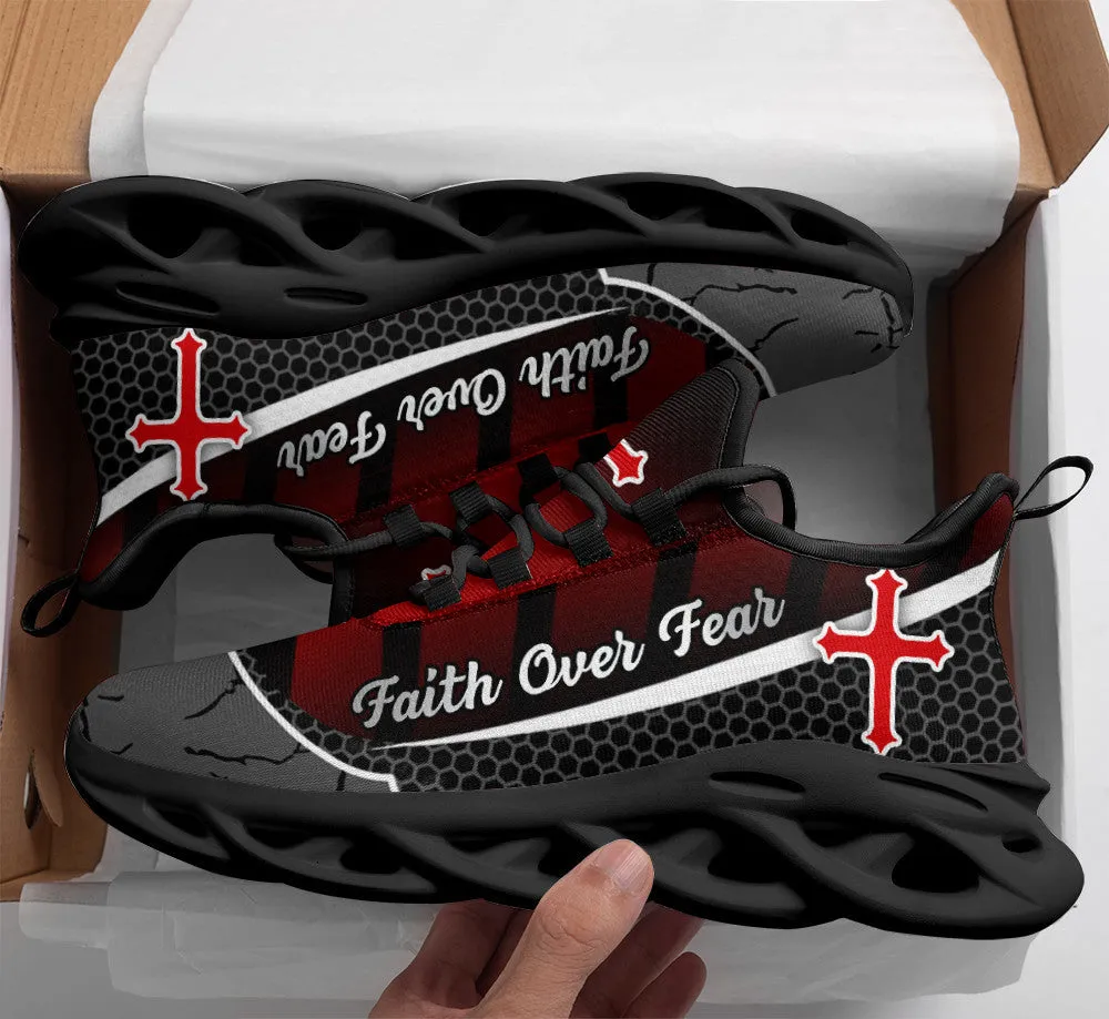 Jesus Faith Over Fear Red Black Running Sneakers Max Soul Shoes - Christian Shoes For Men And Women
