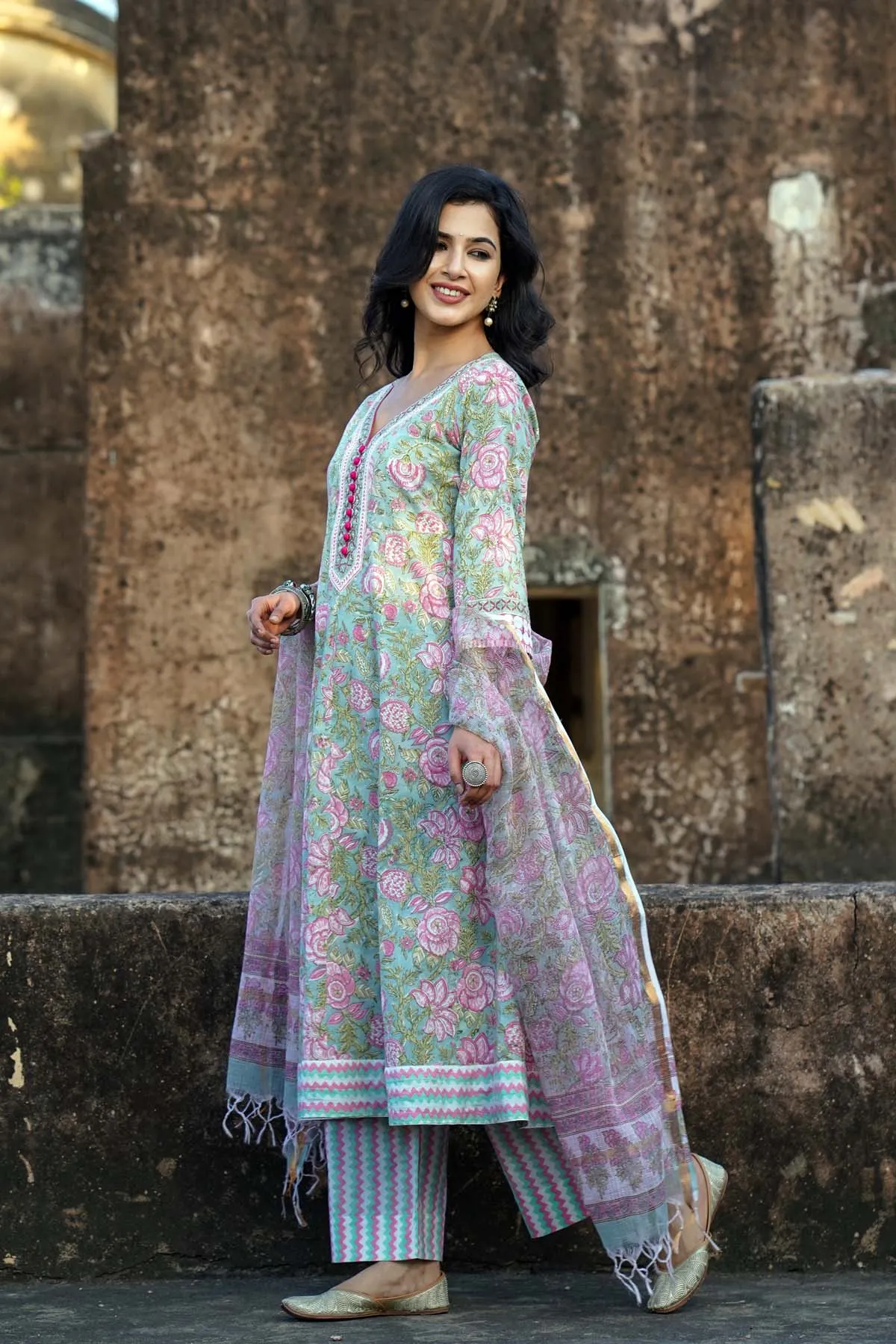 Kalidaar Kurta/Dupatta Set in Hand Block Cotton