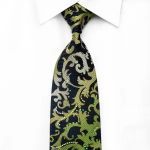 Leslie Vince Men's Crystal Rhinestone Necktie Green Acanthus On Navy With Silver Sparkles