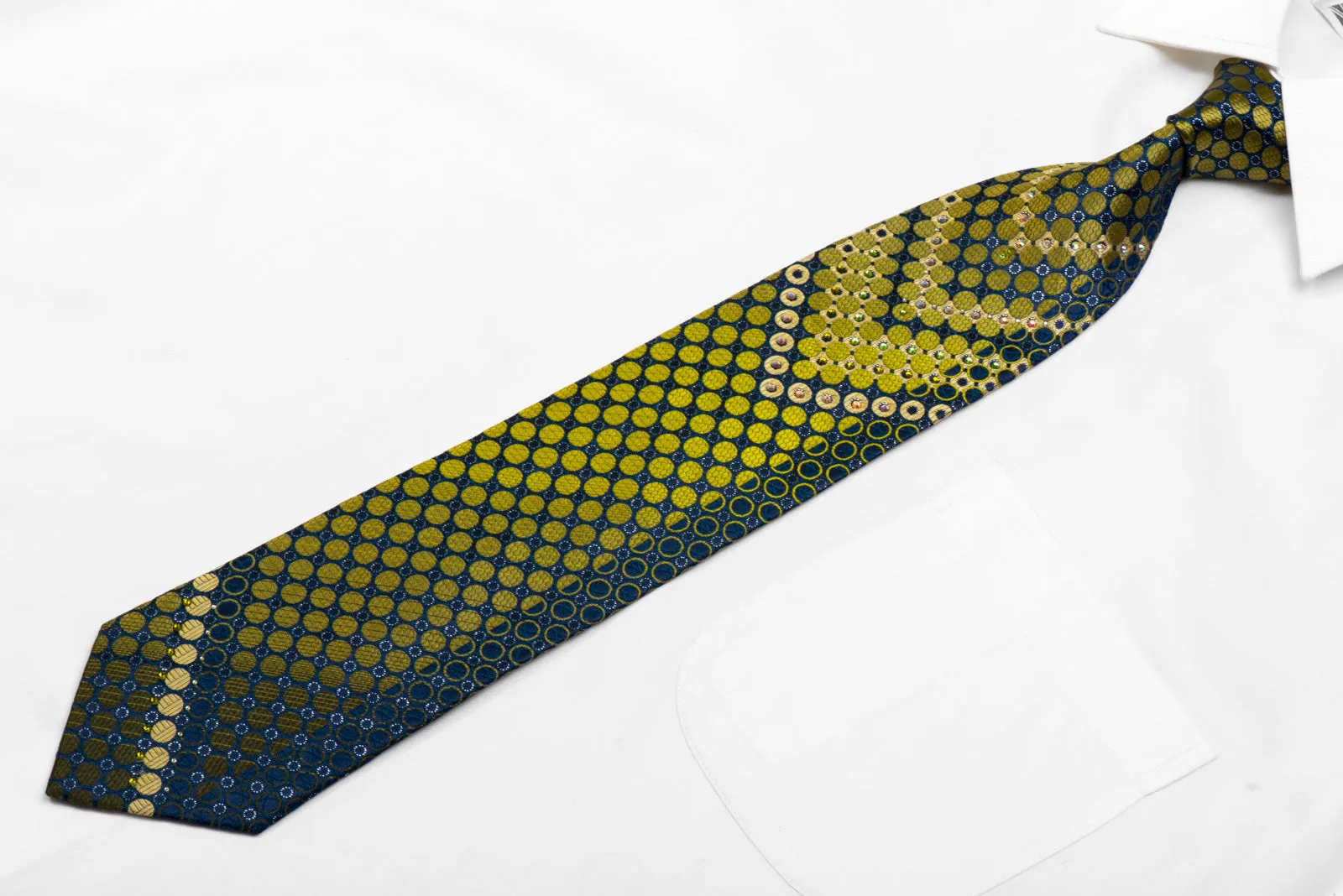 Louis Quatorze Rhinestone Silk Necktie Green Geometric On Navy With Silver Sparkles