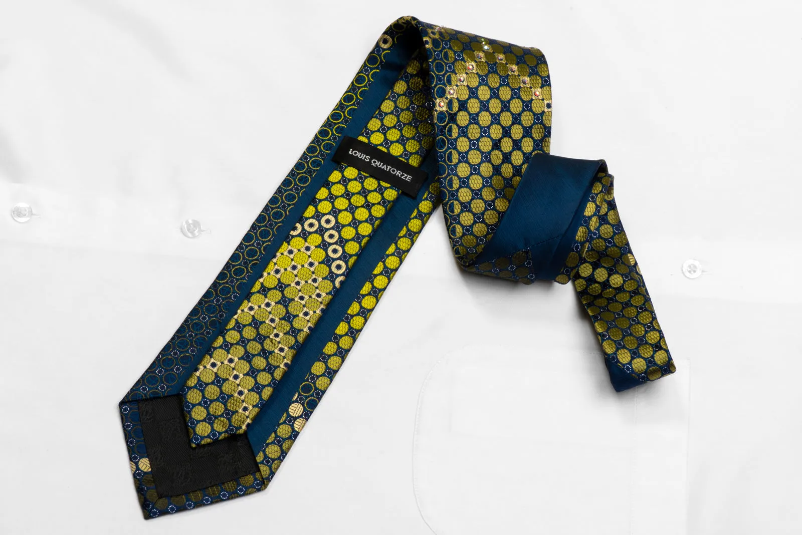 Louis Quatorze Rhinestone Silk Necktie Green Geometric On Navy With Silver Sparkles