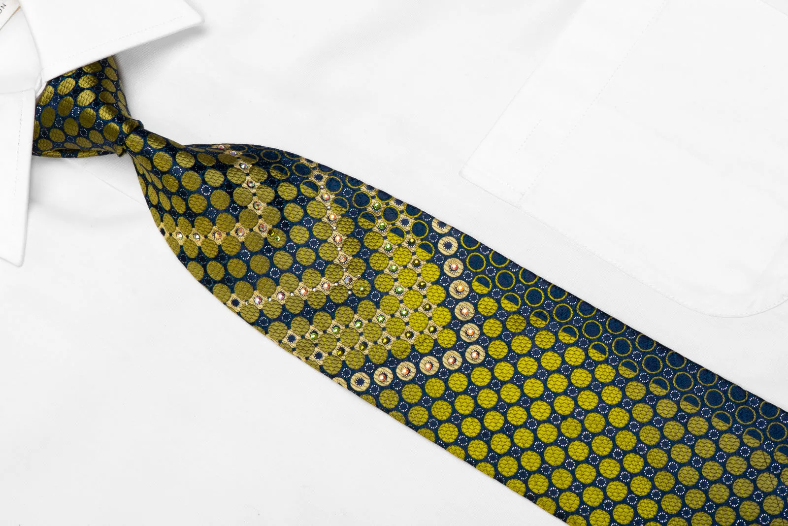 Louis Quatorze Rhinestone Silk Necktie Green Geometric On Navy With Silver Sparkles