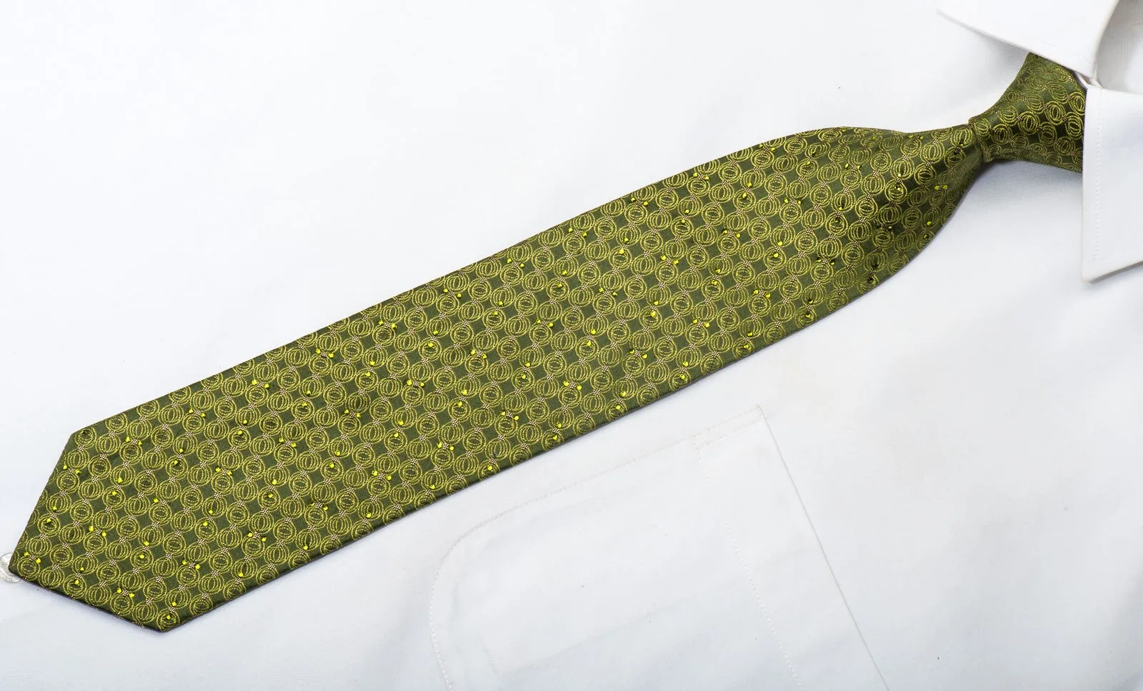 Mila Schon Men's Silk Rhinestone Necktie Circles On Green With Gold Sparkles