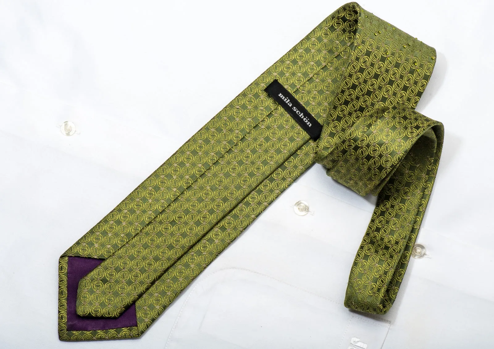 Mila Schon Men's Silk Rhinestone Necktie Circles On Green With Gold Sparkles