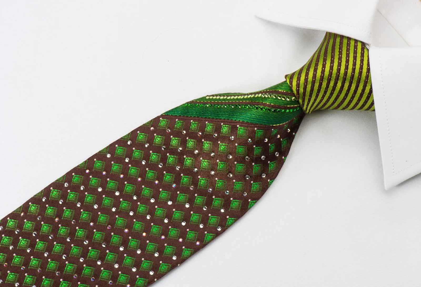Mila Schon Rhinestone Necktie Green Geometric On Dark Brown With Golden Sparkles