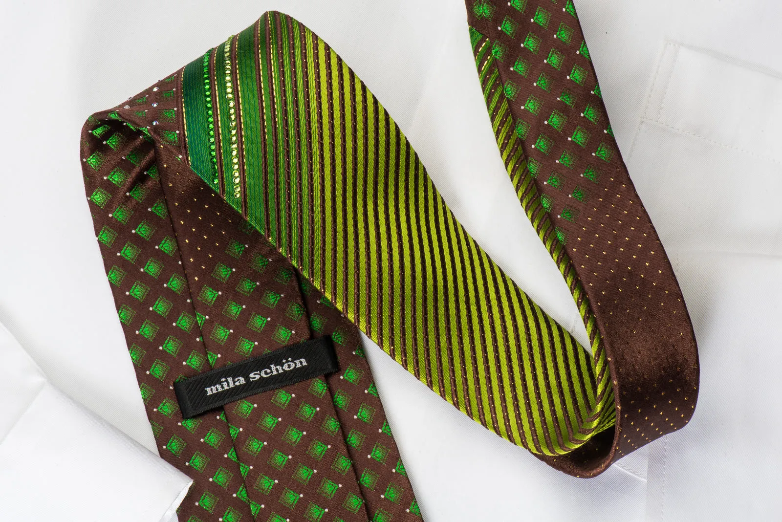 Mila Schon Rhinestone Necktie Green Geometric On Dark Brown With Golden Sparkles