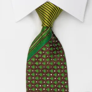 Mila Schon Rhinestone Necktie Green Geometric On Dark Brown With Golden Sparkles