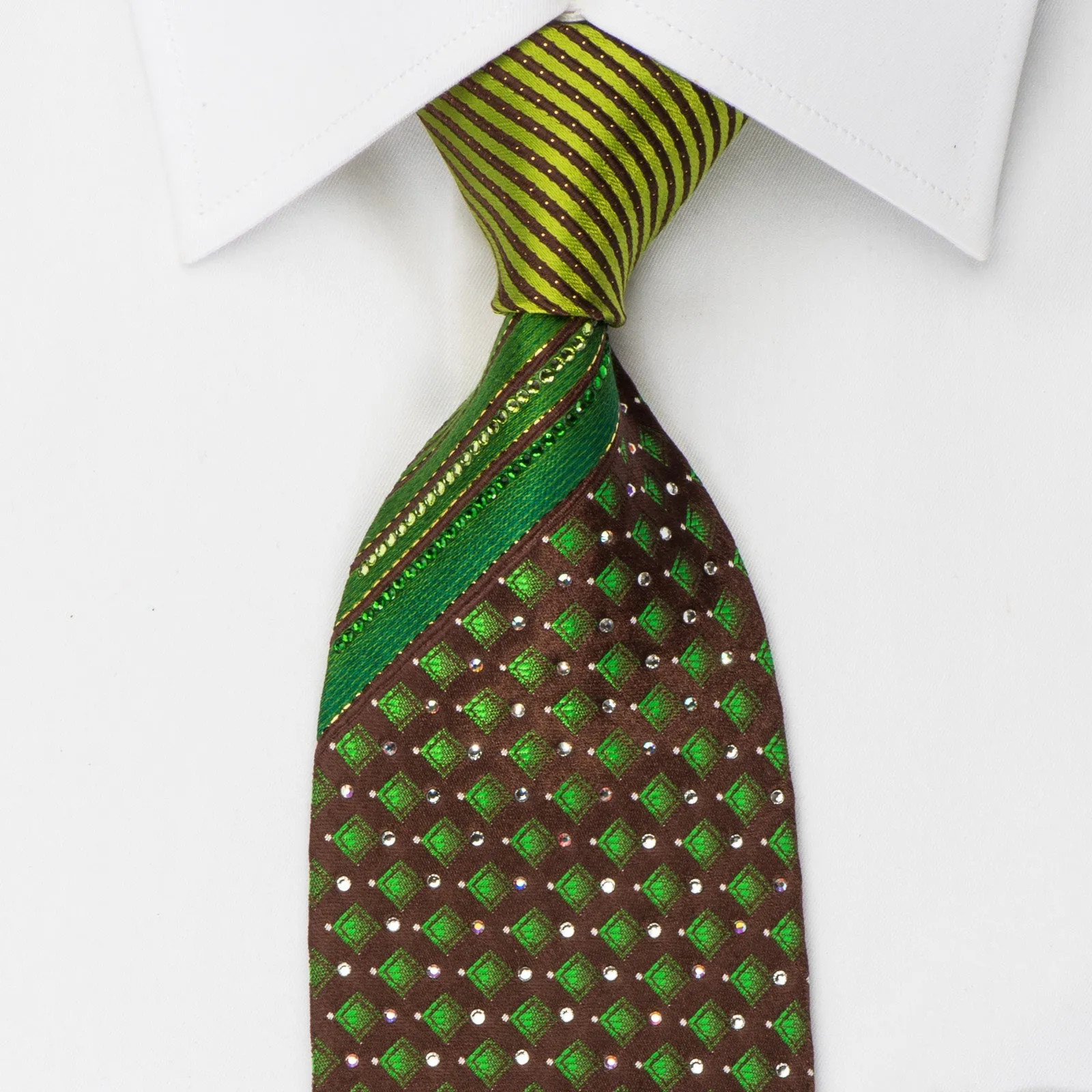 Mila Schon Rhinestone Necktie Green Geometric On Dark Brown With Golden Sparkles