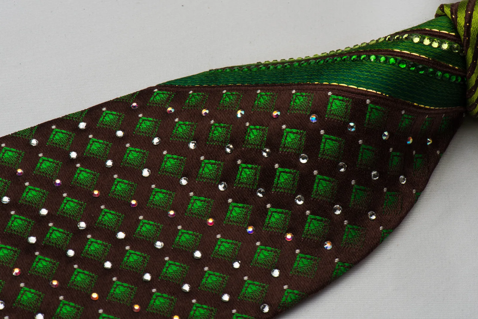 Mila Schon Rhinestone Necktie Green Geometric On Dark Brown With Golden Sparkles