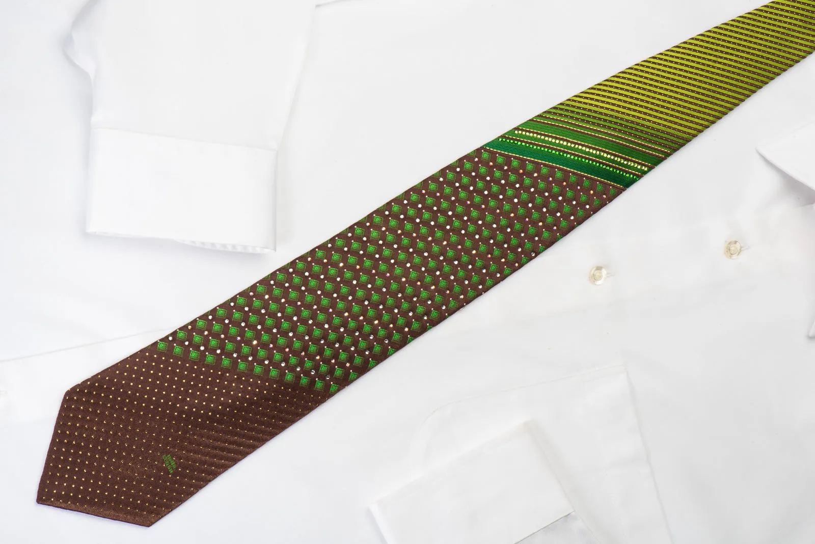 Mila Schon Rhinestone Necktie Green Geometric On Dark Brown With Golden Sparkles
