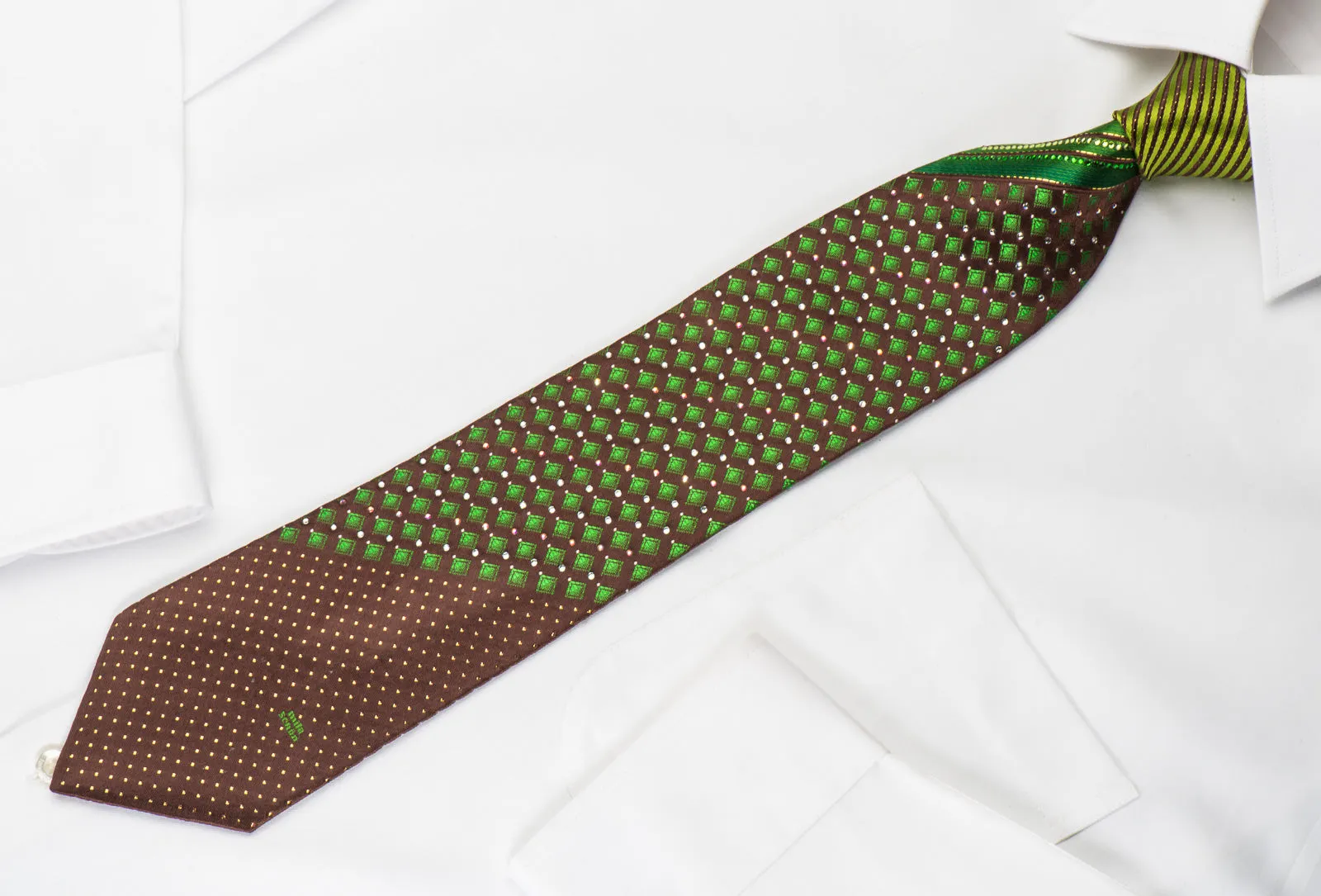Mila Schon Rhinestone Necktie Green Geometric On Dark Brown With Golden Sparkles