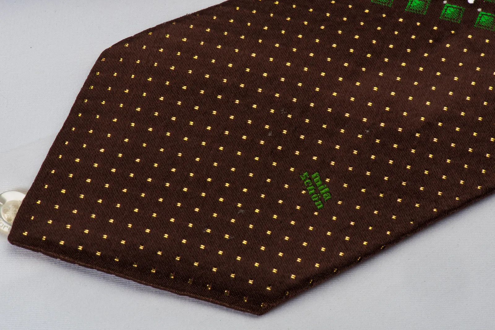 Mila Schon Rhinestone Necktie Green Geometric On Dark Brown With Golden Sparkles