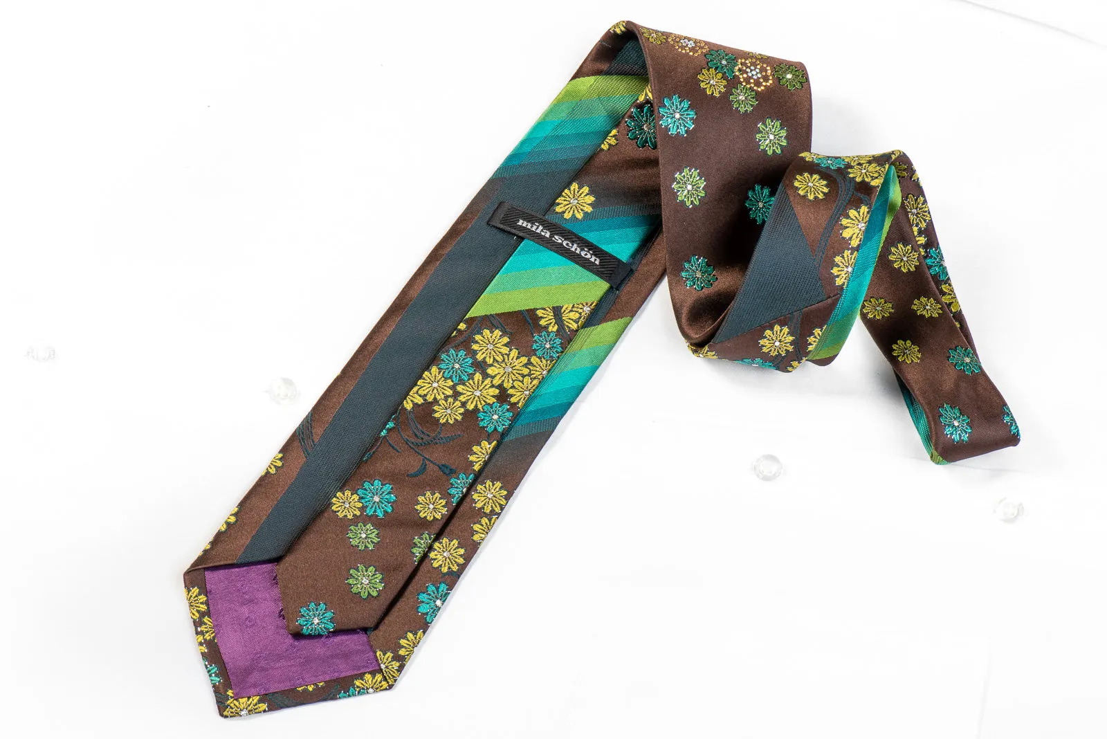 Mila Schon Rhinestone Necktie Green Turquoise Floral On Brown