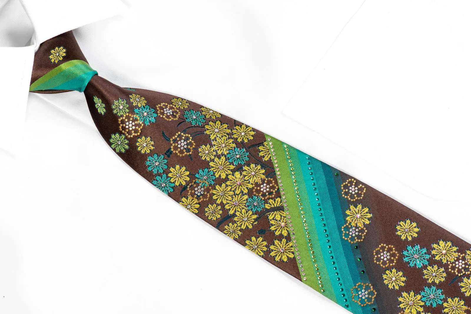Mila Schon Rhinestone Necktie Green Turquoise Floral On Brown